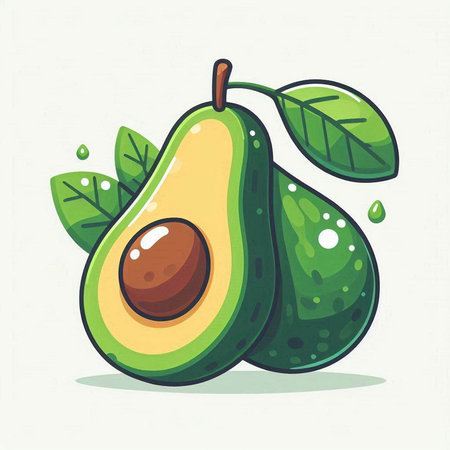 Avocado fruit with leaves and drops of water. Vector illustration.のイラスト素材