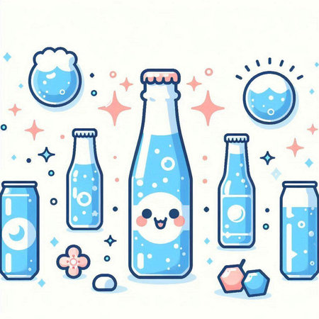 Vector illustration with cute cartoon beer bottles. Cute hand drawn illustration.のイラスト素材