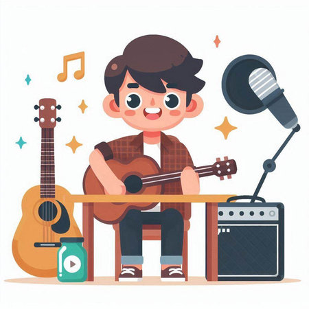 Boy with guitar and microphone. Cute cartoon character. Vector illustrationのイラスト素材