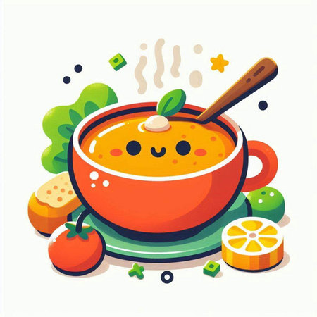 Cute soup in a bowl. Vector illustration in cartoon style.のイラスト素材