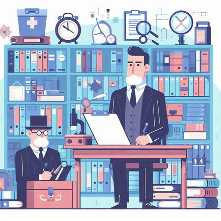 Lawyer working in office. Flat style vector illustration. Lawyer, attorney, judge, attorney, jurist concept for banner, website design or landing web pageのイラスト素材