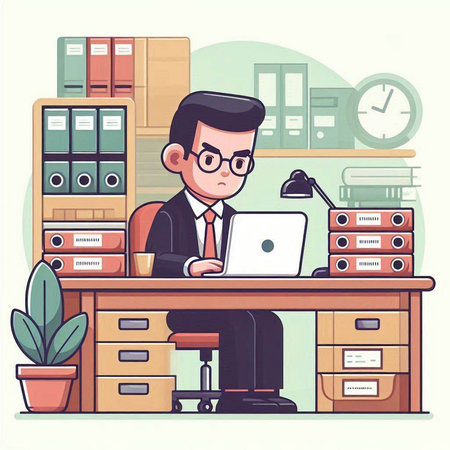 Businessman working in office. Vector illustration in flat cartoon style.のイラスト素材