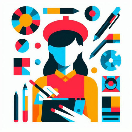 Woman with tablet and drawing tools. Vector illustration in flat style.のイラスト素材