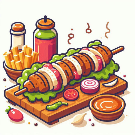 Skewers with vegetables and sauce on wooden board. Vector illustrationのイラスト素材