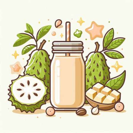 Smoothie in a glass jar with a straw, coconut, guava, guava. Vector illustration.のイラスト素材