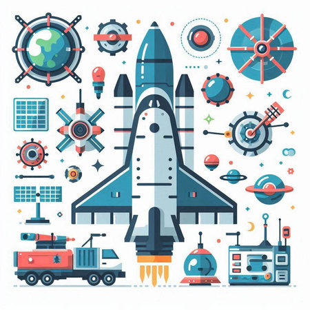 Space exploration flat vector illustration. Spaceship, rocket, ship, spaceship, spaceship, satellite, radar and other elements.のイラスト素材