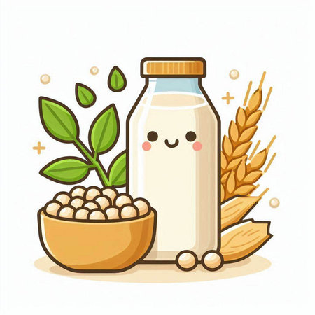 Cute soybean milk in glass bottle and bowl with grains. Vector cartoon illustration.のイラスト素材