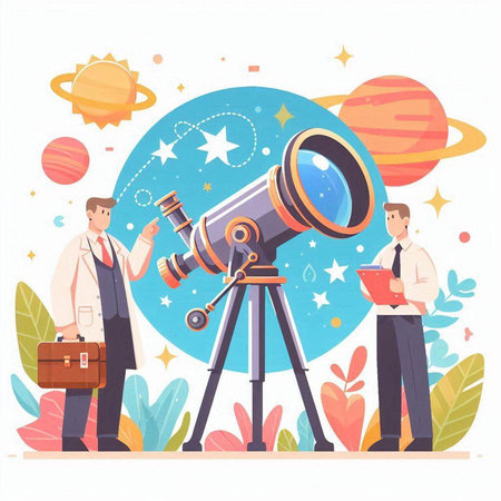 Astronomy and science concept. Scientist looking through telescope. Astronomy and astronomy. Vector illustrationのイラスト素材