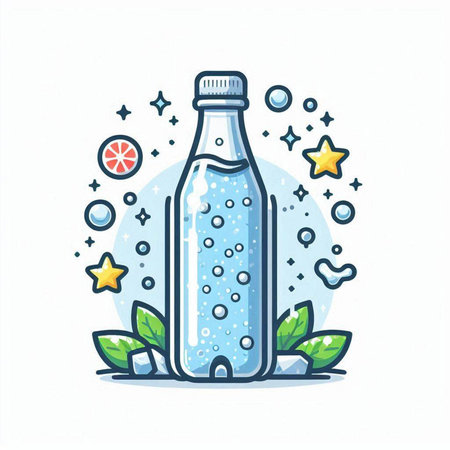 Bottle of water with bubbles and stars. Hand drawn vector illustration.のイラスト素材