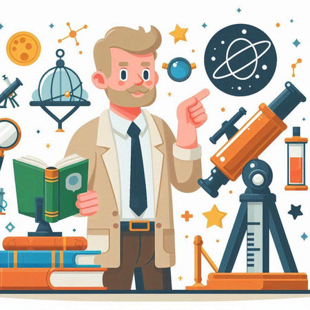 Scientist in flat style. Vector illustration of scientist with telescope, telescope and books.のイラスト素材