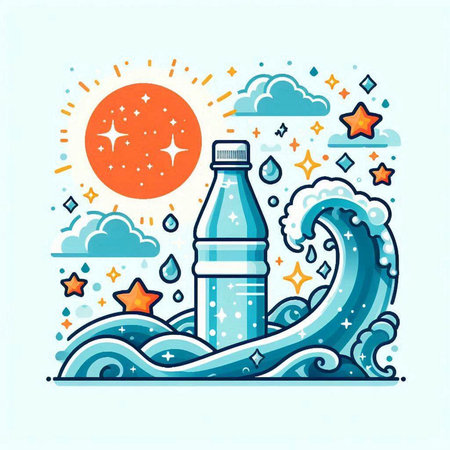 Bottle of water and waves. Vector illustration in flat style.のイラスト素材
