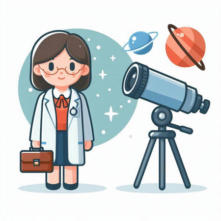 Scientist girl with telescope. Vector illustration in flat cartoon style.のイラスト素材