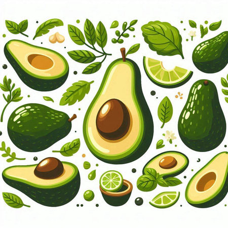 Avocado set. Collection of avocados. Vector illustration.のイラスト素材