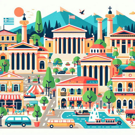 Vector illustration of a city street with buildings, roads and people.のイラスト素材