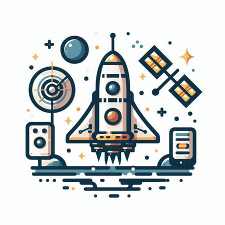 Space rocket with planets, satellite and space station. Vector illustration.のイラスト素材