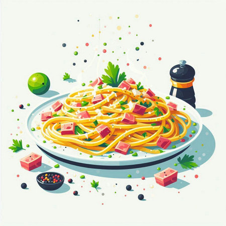 Spaghetti with tomato sauce and parsley on a plate. Vector illustration.のイラスト素材
