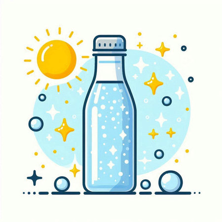 Bottle of water with sun and bubbles on white background. Vector illustration.のイラスト素材