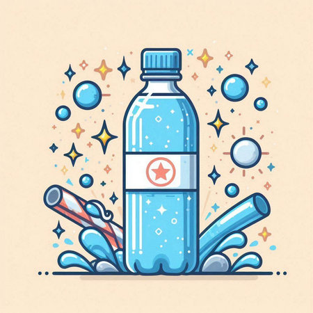 Bottle of water with bubbles and splashes. Vector illustration.のイラスト素材