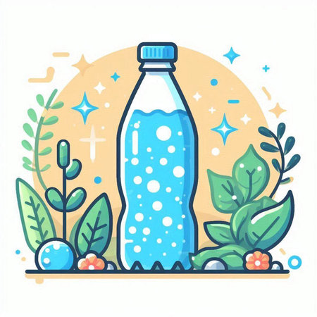 Plastic bottle with water and leaves. Vector illustration in flat styleのイラスト素材