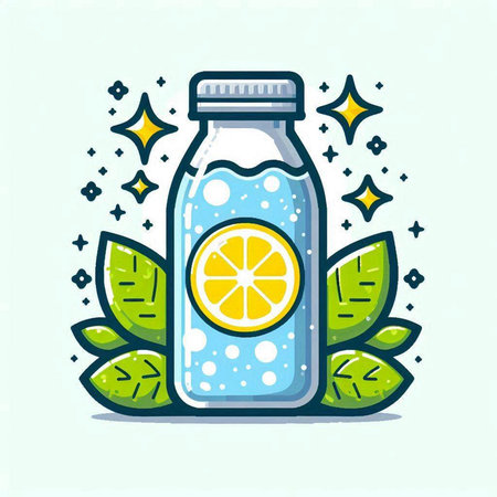 Vector illustration of a bottle of lemonade with leaves and stars.のイラスト素材