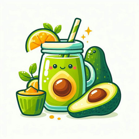 Smoothie with avocado and lime. Vector illustration in cartoon style.のイラスト素材