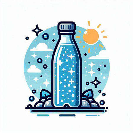 Bottle of water on the beach. Vector illustration in flat style.のイラスト素材