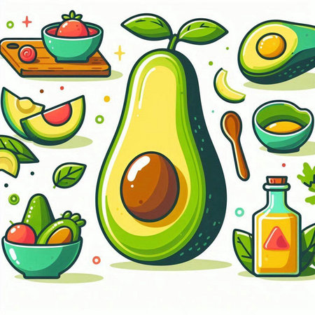 Avocado fruit and vegetable icons set. Cartoon illustration of avocado fruit and vegetable vector icons for web designのイラスト素材