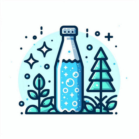 Bottle of water with bubbles in the forest. Vector illustration.のイラスト素材