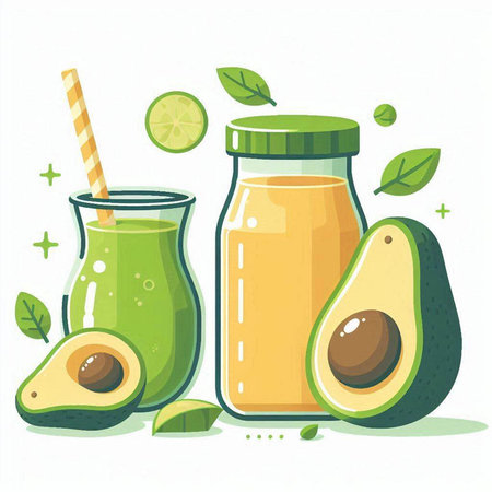 Avocado smoothie in a glass and in a jar. Vector illustration.のイラスト素材