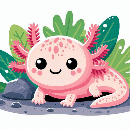 Illustration of a Cute Pink Lizard on the Beach with Leavesのイラスト素材