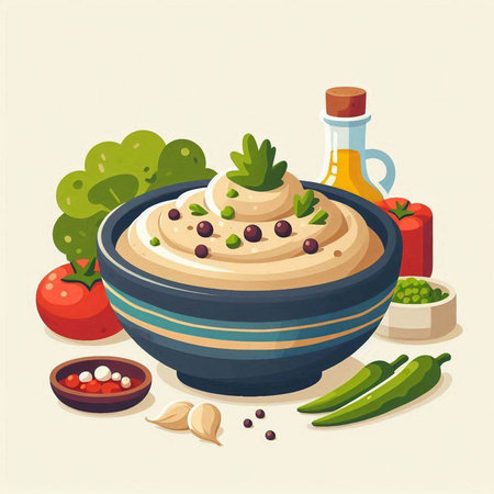 Bowl of hummus and ingredients for cooking. Vector illustration.のイラスト素材