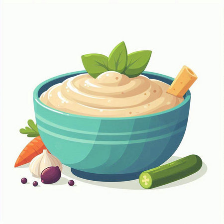 Bowl of hummus with ingredients on white background. Vector illustration.のイラスト素材
