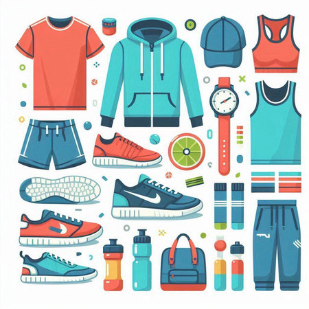 Set of sport equipment and clothes. Vector illustration in flat style.のイラスト素材