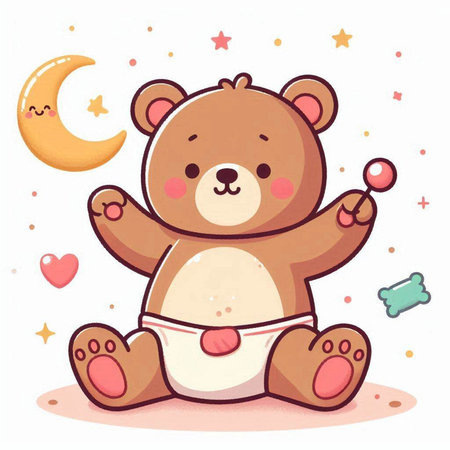 Cute cartoon teddy bear sitting on the floor with moon and starsのイラスト素材