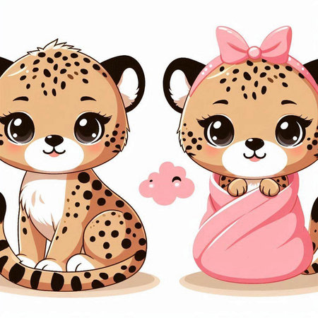 Cute baby cheetah with pink bow. Vector illustration.のイラスト素材