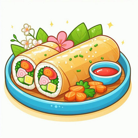 Illustration of a Sushi Roll on a Plate with Sesame Seedsのイラスト素材