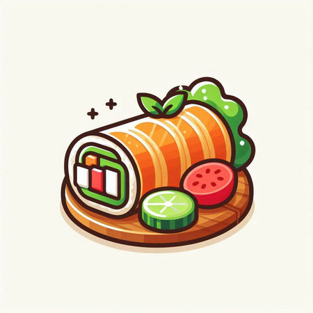 Illustration of japanese sushi roll with salmon and vegetables.のイラスト素材