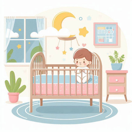 Illustration of a Cute Little Girl Sleeping in a Baby Bedroomのイラスト素材