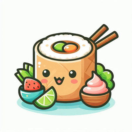 Illustration of Sushi Mascot Character with Chopsticks and Limeのイラスト素材