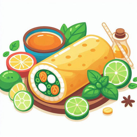 Illustration of a Tortilla with Spicy Sauce and Lime Slicesのイラスト素材