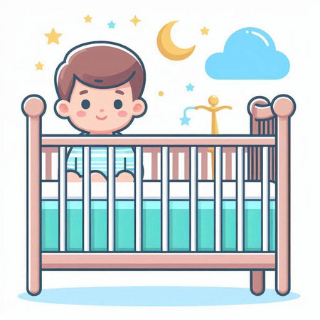 Cute baby boy in crib. Vector illustration of a cartoon style.のイラスト素材