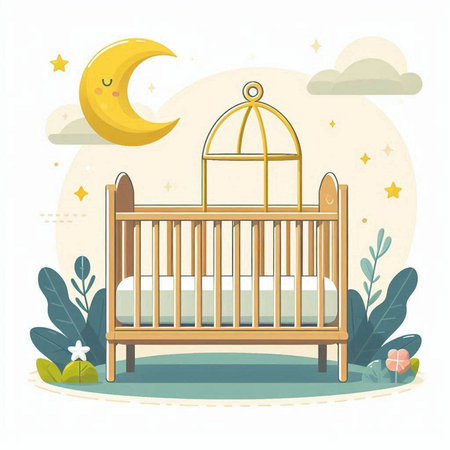 Cute cartoon vector illustration of a baby cot with a bird cage.のイラスト素材