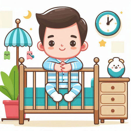 Cute baby boy in bed. Vector illustration of a cartoon style.のイラスト素材