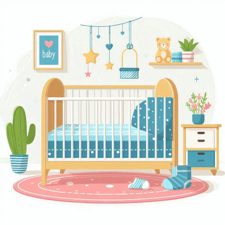 Cute baby room interior with crib and toys. Vector illustration.のイラスト素材
