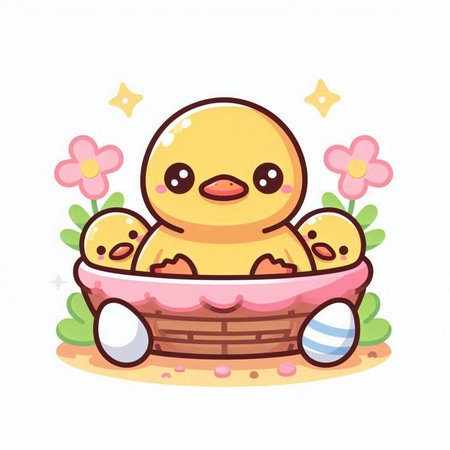 Cute baby chicken in a basket with eggs. Vector illustration.のイラスト素材