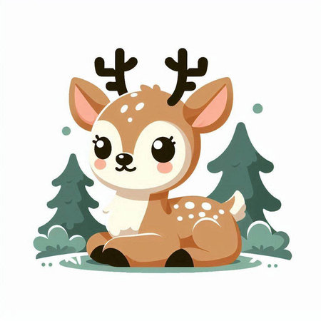 Cute little deer sitting in the forest. Vector illustration isolated on white background.のイラスト素材