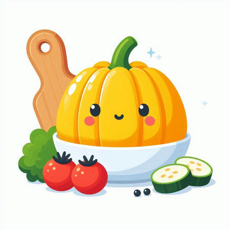 Cute kawaii pumpkin in a bowl. Vector illustration.のイラスト素材