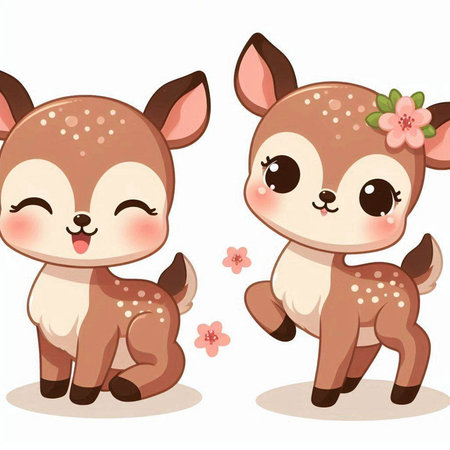 Cute cartoon deer and flowers on white background. Vector illustration.のイラスト素材