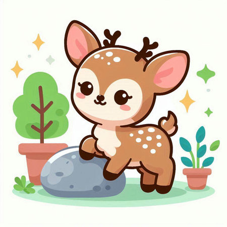 Cute little deer sitting on rock in the garden. Vector illustrationのイラスト素材