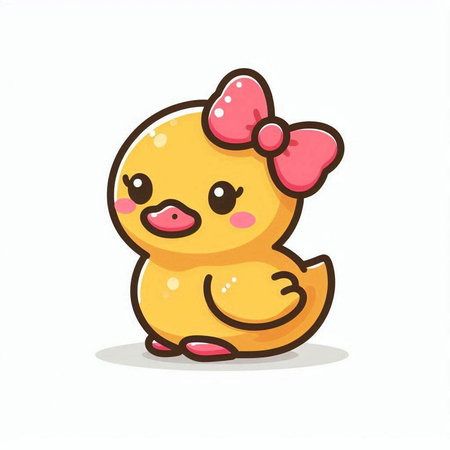 Cute yellow rubber duck with pink bow. Cartoon vector illustration.のイラスト素材
